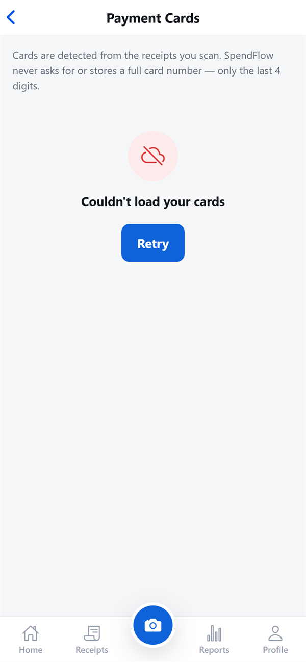 The SpendFlow payment cards screen listing the cards detected from scanned receipts