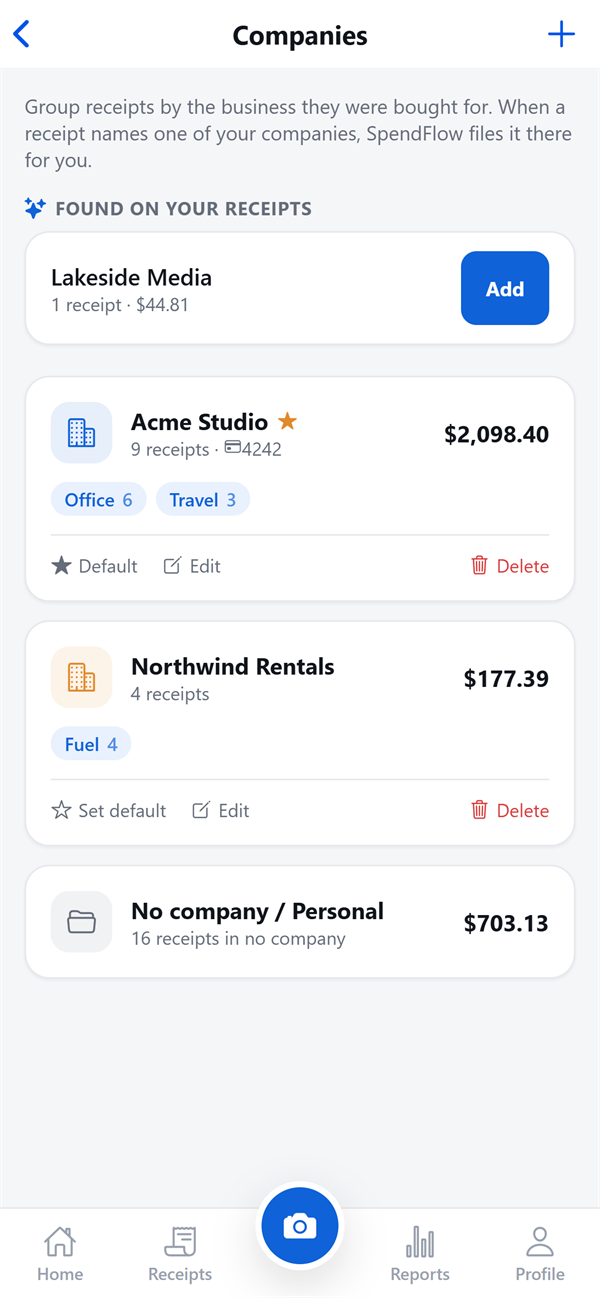 The SpendFlow companies screen showing Acme Studio and Northwind Rentals with their groups, and a company found on a receipt