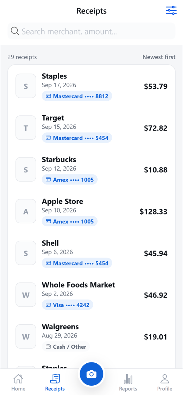 The SpendFlow receipts list showing 29 receipts with merchant, date, card and amount